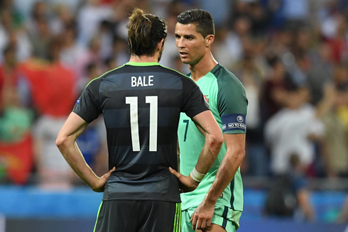 Cristiano Ronaldo comforting Gareth Bale in Portugal 2-0 Wales in the EURO 2016