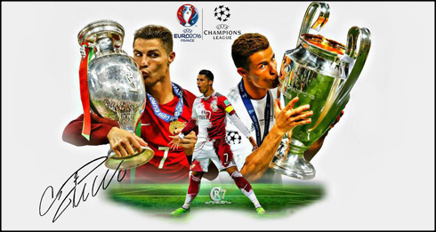 Cristiano Ronaldo holding the Champions League and EURO 2016 trophies wallpaper