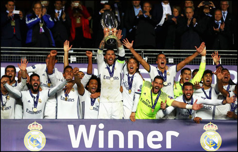 Real Madrid lifting the UEFA Super Cup in 2016