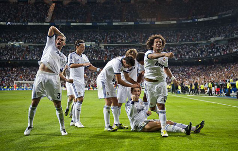 Real Madrid celebrate goal with their fans at the Bernabéu