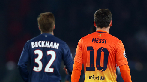 David Beckham and Lionel Messi in a PSG vs Barcelona clash