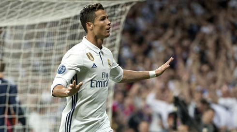 Cristiano Ronaldo reacts after scoring for Real Madrid