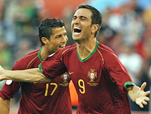 Cristiano Ronaldo and Pauleta celebrating a goal together, in the Portuguese National Team