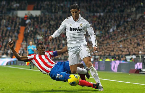 Cristiano Ronaldo being tackled and injured by Perea, who aimed for his left ankle in Real Madrid vs Atletico Madrid, in La Liga 2011/12