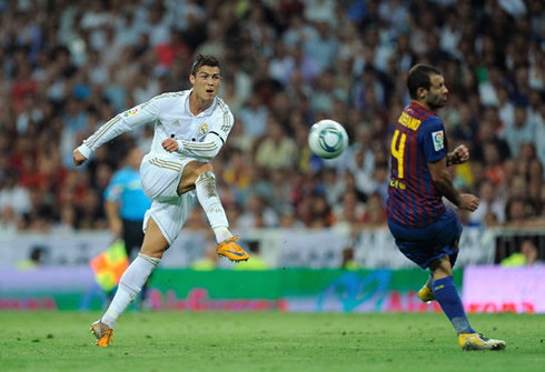 Cristiano Ronaldo striking the ball in Real Madrid vs Barcelona
