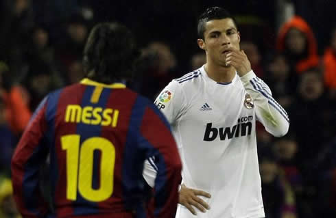 Cristiano Ronaldo biting his nails while looking at Lionel Messi, in a Barcelona vs Real Madrid Clasico that ended 5-0