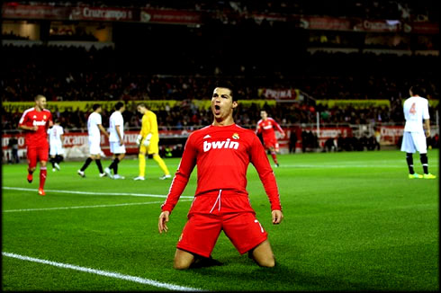 Cristiano Ronaldo hat-trick goal celebration, in a red Real Madrid jersey, in 2011-2012