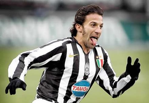 Alessandro del Piero, running and celebrating a goal for Juventus, with his tongue out