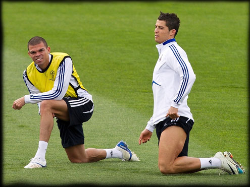 Cristiano Ronaldo and Pepe in Real Madrid training