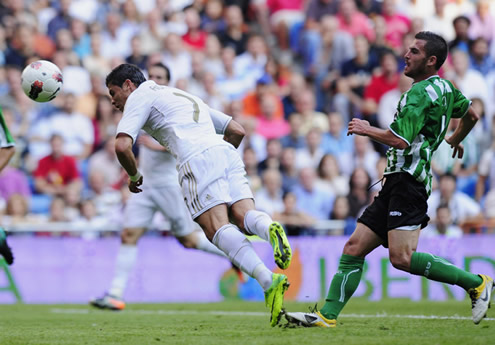 Cristiano Ronaldo dives to head the ball against Betis, in La Liga 2011/12