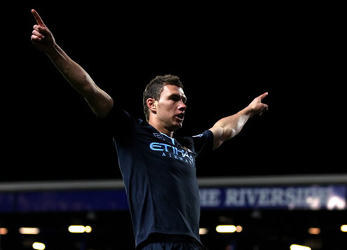 Edwin Dzeko celebrating a goal in the English Premier League 2011-2012, after scoring a goal for Manchester City