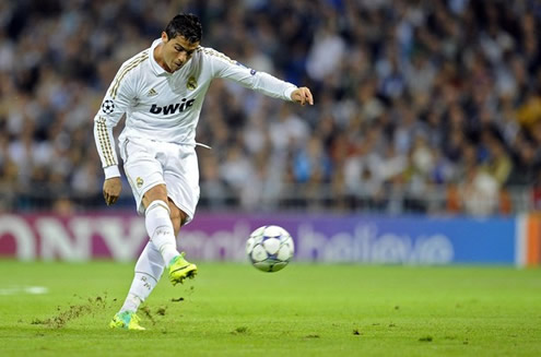 Cristiano Ronaldo taking a free-kick in a UEFA Champions League match in the Santiago Bernabéu, during the 2011/2012 season