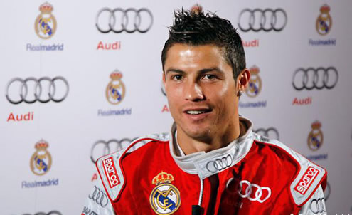Cristiano Ronaldo similing to the cameras in the Audi/Real Madrid event
