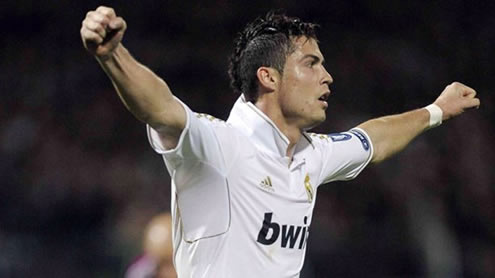 Cristiano Ronaldo opens his arms to celebrate his 100th goal for Real Madrid, in the UEFA Champions League 2011-2012