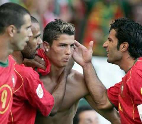 Cristiano Ronaldo body in Euro 2004, playing for Portugal, with Luis Figo