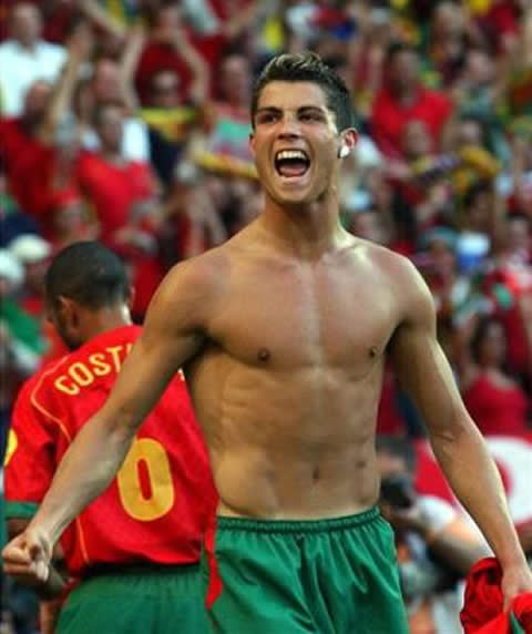 Cristiano Ronaldo in Euro 2004, playing for Portugal, shirtless body, celebrating goal, picture 1
