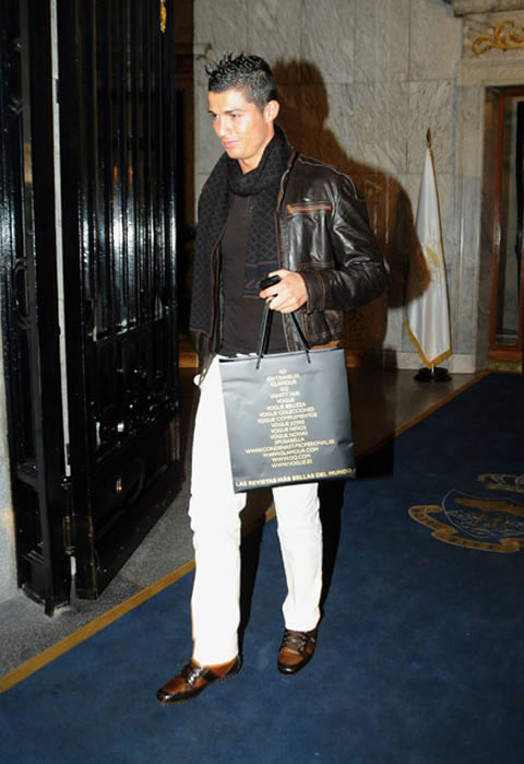 Cristiano Ronaldo fashion with brown jacket and holding a shopping bag