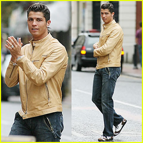 Cristiano Ronaldo fashion when younger, in a bege jacket
