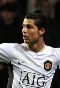 Cristiano Ronaldo hairstyle in Manchester United with hair pulled back with gel