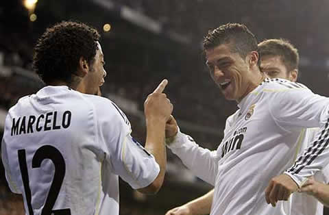 Marcelo and Cristiano Ronaldo dancing in a Real Madrid goal celebration in La Liga
