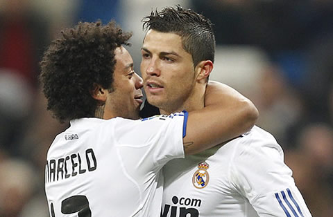 Marcelo hugging Cristiano Ronaldo and telling him a joke