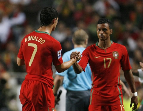 Nani and Cristiano Ronaldo greeting each other while playing for Portugal