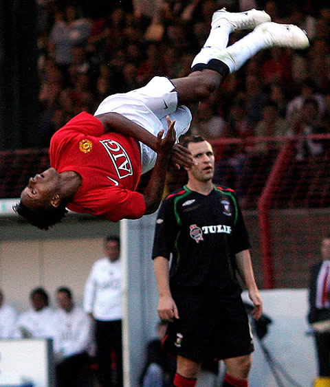 Nani celebrating a goal with an amazing back flip in Manchester United