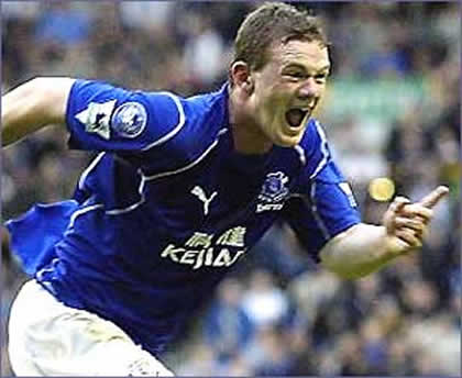 Wayne Rooney running to celebrate a goal when playing for Everton FC