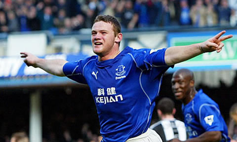 Wayne Rooney celebrates a goal for Everton FC, with his arms wide open