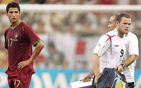 Wayne Rooney and Cristiano Ronaldo fight, after a controversial match between England vs Portugal, in the 2006 World Cup