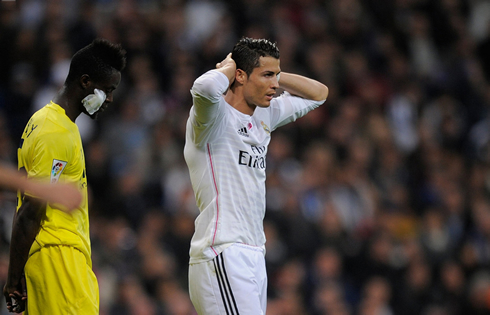 Cristiano Ronaldo puts his hands on the back of his head, after Real Madrid's 1-1 home draw against Villarreal