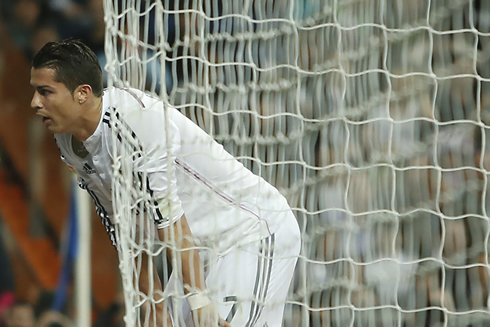 Cristiano Ronaldo lays his hands on his knees after missing a goalscoring opportunity for Real Madrid