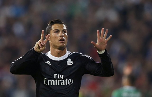 Cristiano Ronaldo shows 7 fingers after scoring another goal for Real Madrid in the UEFA Champions League