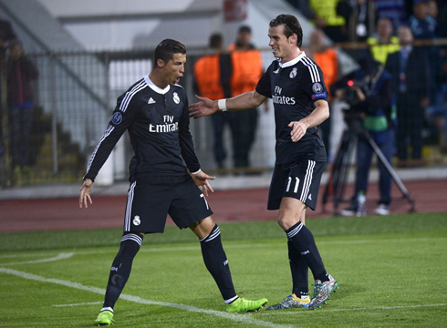 Real Madrid goal celebration in the Champions League, as he waits for Gareth Bale to join him