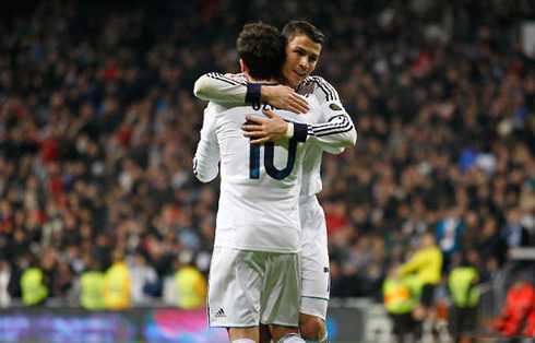 Cristiano Ronaldo hugging Mesut Ozil in Real Madrid vs Atletico Madrid for La Liga 2012-2013