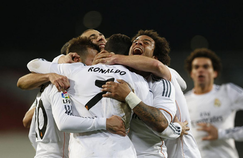 Cristiano Ronaldo, Jesé, Benzema and Marcelo, celebrating Real Madrid goal in Bilbao