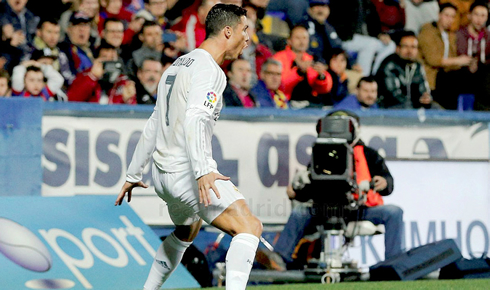 Cristiano Ronaldo gets exhilarated after scoring for Real Madrid from the penalty-kick spot