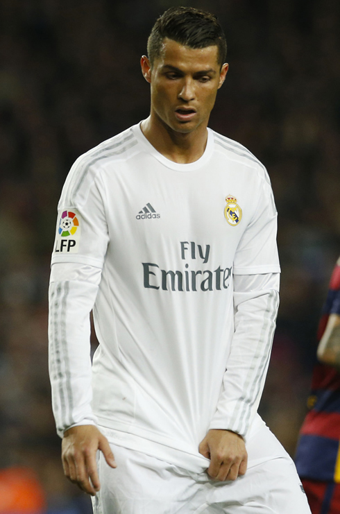 Cristiano Ronaldo adjusts his genitals during a game for Real Madrid against Barcelona in La Liga