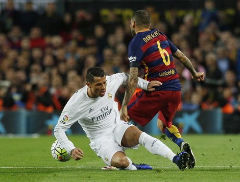 Cristiano Ronaldo slipping next to Daniel Alves in the first El Clasico of 2016