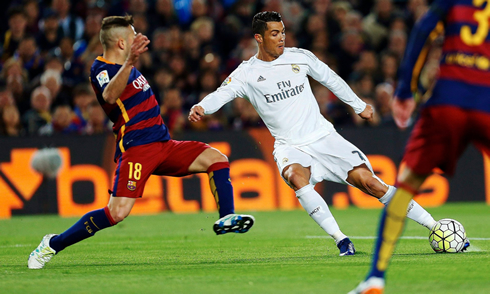 Cristiano Ronaldo preparing to strike the ball with his left foot