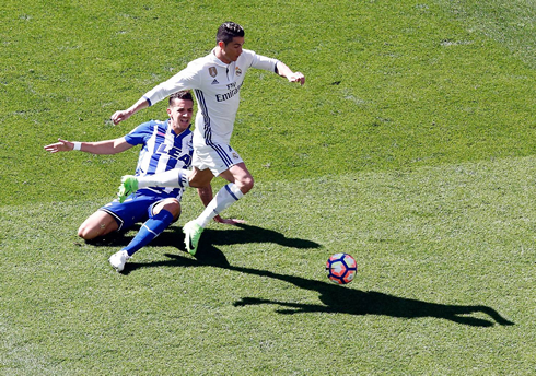 Cristiano Ronaldo leaves an opponent on the ground after dribbling him