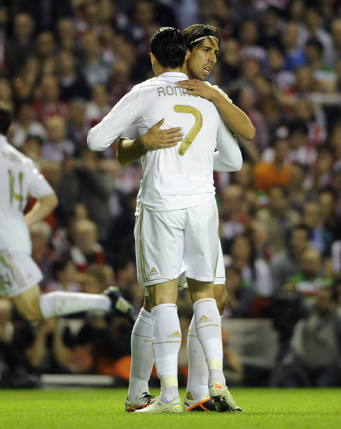 Cristiano Ronaldo hugging Sami Khedira in Real Madrid 2012