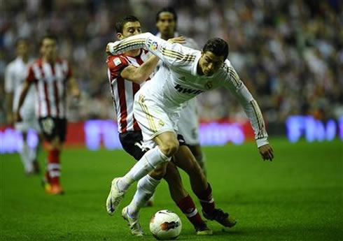 Cristiano Ronaldo suffering a knock in a game against Athletic Bilbao for La Liga 2012