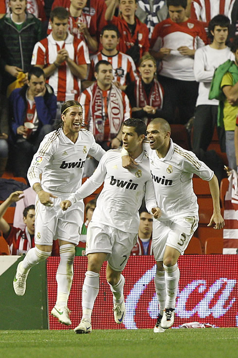 Sergio Ramos, Cristiano Ronaldo and Pepe celebrating a goal for Real Madrid against Athletic Bilbao, in San Mamés 2012