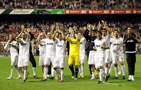 Real Madrid players go thank the crowd at the San Mamés, after clinching La Liga title for the 32th time in the club's history