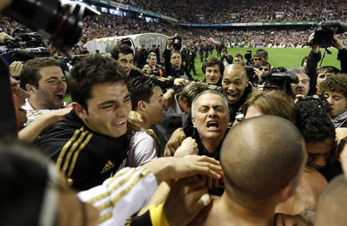José Mourinho absolutely nuts and almost crying, while being in the center of the Real Madrid celebrations for having won La Liga in 2012