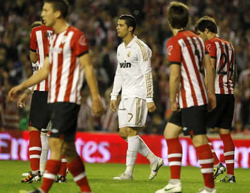 Cristiano Ronaldo looking disappointed in San Mamés, after failing a penalty-kick in Athletic Bilbao vs Real Madrid, in 2012