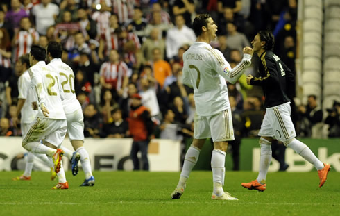 Cristiano Ronaldo celebrating having won La Liga for Real Madrid by turning to the Athletic Bilbao fans in the crowd and reacting