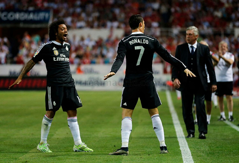 Marcelo trying to mimicate Cristiano Ronaldo in his goal celebration