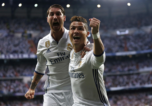 Sergio Ramos and Cristiano Ronaldo celebrate Real Madrid win against Atletico Madrid in the Champions League semi-finals